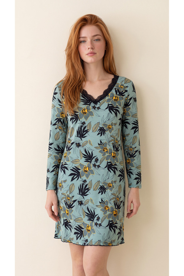 Floral Patterned Viscose Long Sleeve Women's Dress with Lace Detail