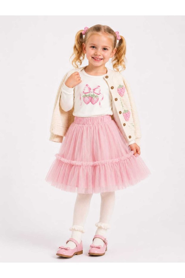 Girl's Strawberry Detailed Cardigan and Pink Tulle Skirt Set 1040