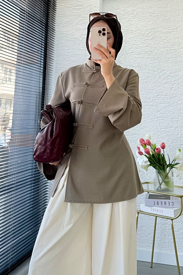 Premium Chinese Buttoned Mandarin Polyviscose Blouse - Mink