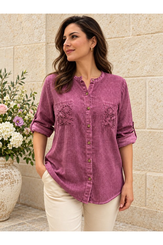 Women's Washed Cotton Fabric Short Sleeve Buttoned Shirt