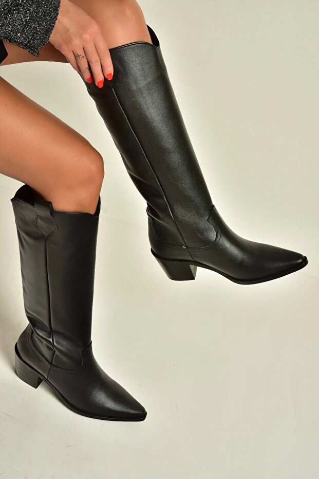 Z654182303 Black Genuine Leather Thick Heeled Cowboy Model Women's Boots