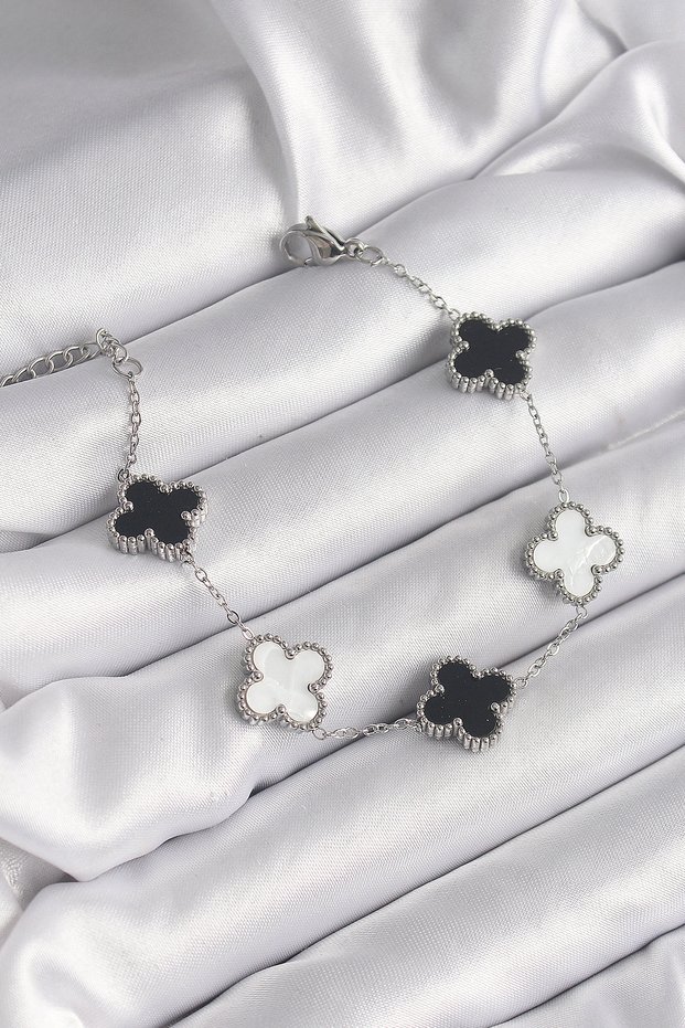 316L Steel Silver Color Black and White Clover Model Women's Bracelet