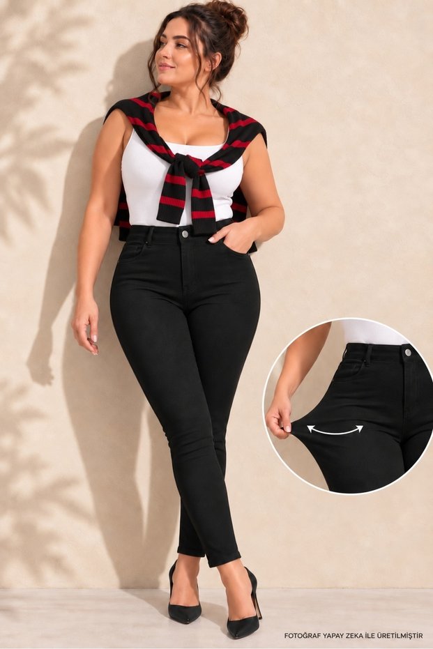 Women's Black Plus Size High Waist Skinny Stretchy Soft Textured Gabardine Trousers