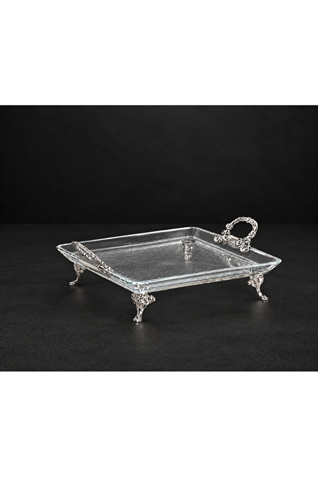 Crystal Silver Metal Leg Square Cake Presentation Tray Cookie Holder Tray