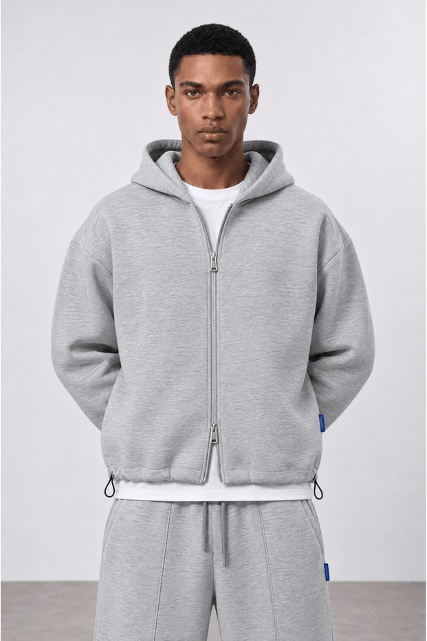 Men's Rubber Detailed Panda Oversize Zip Gray Melange