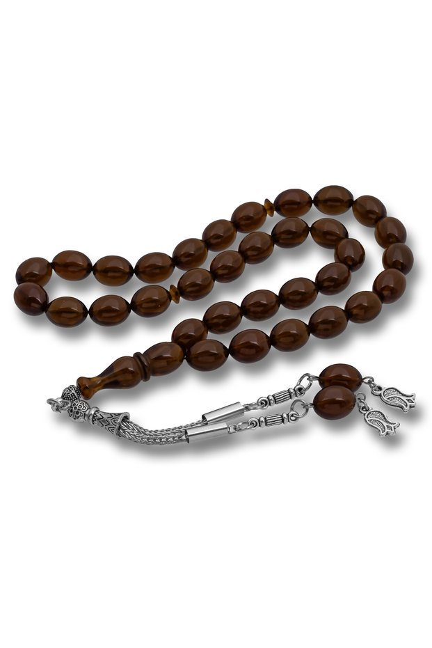 💎 Premium Shiny and Stylish Metal Tassel Brown Crimped Amber Prayer Beads