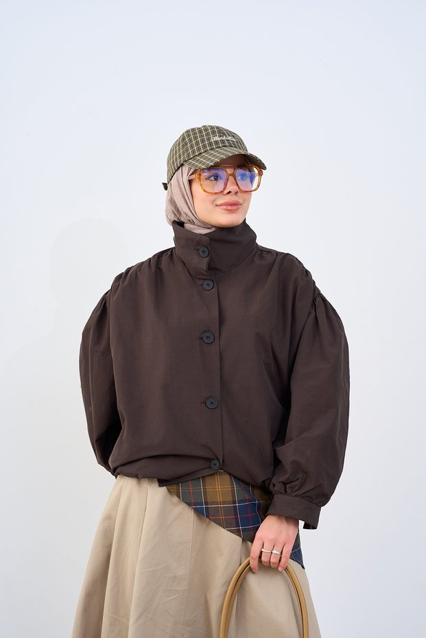 Women's Shoulder Gathered Buttoned Adjustable Waist Bomber Jacket Brown