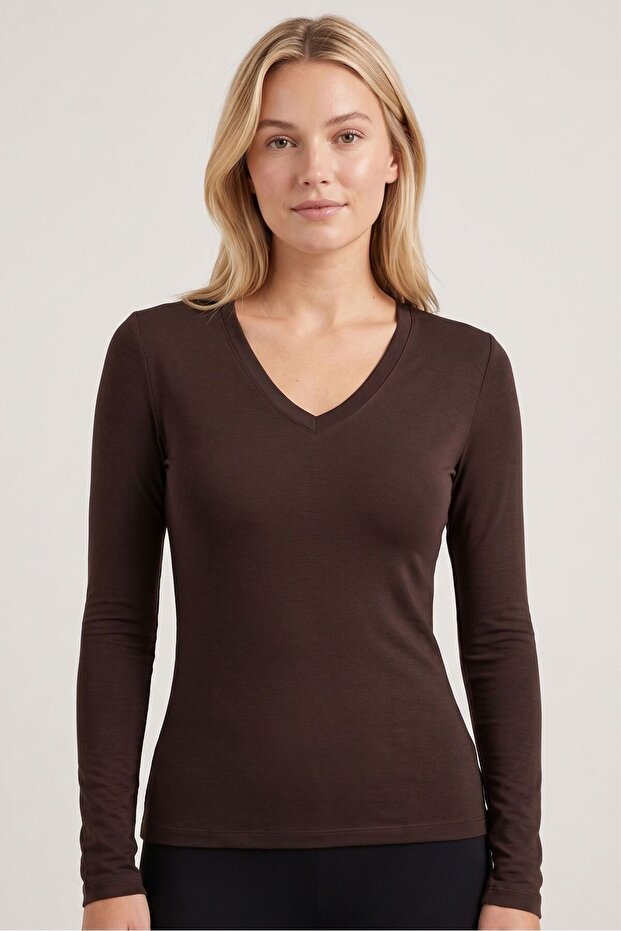Women's Dark Brown Viscose Long Sleeve V-Neck Body
