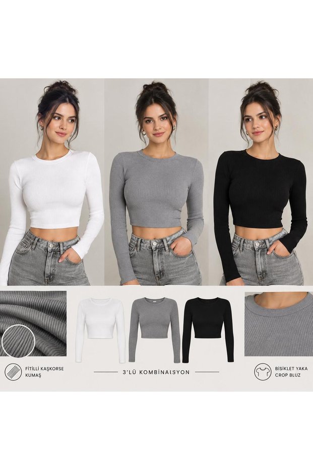Women's 3-Piece Crew Neck Long Sleeve Camisole Ribbed Bodycon Crop Blouse
