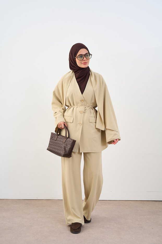 Women's Double Pocket Lined Waist Tie Set Beige