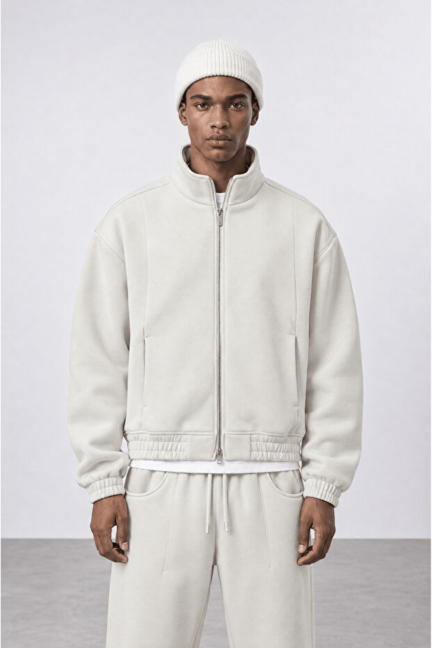 Men's Crop Fit Panda Oversize Zip Beige