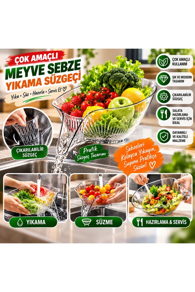 Multi-Purpose Fruit and Vegetable Washing Strainer Transparent Salad Preparation and Serving Bowl