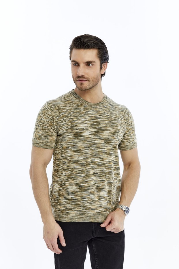 Khaki Men's 100% Cotton Crew Neck Short Sleeve Cropped Knit Knitwear T-Shirt Trist-7109