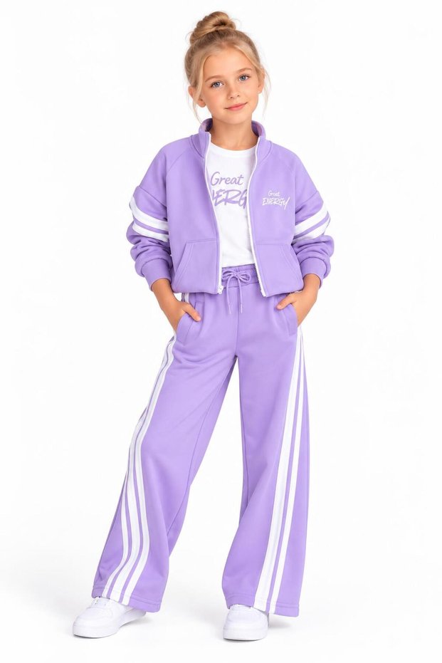 Girl's 3-Thread Ribbed Zippered Tracksuit Set – Stripe Detailed 43168-L