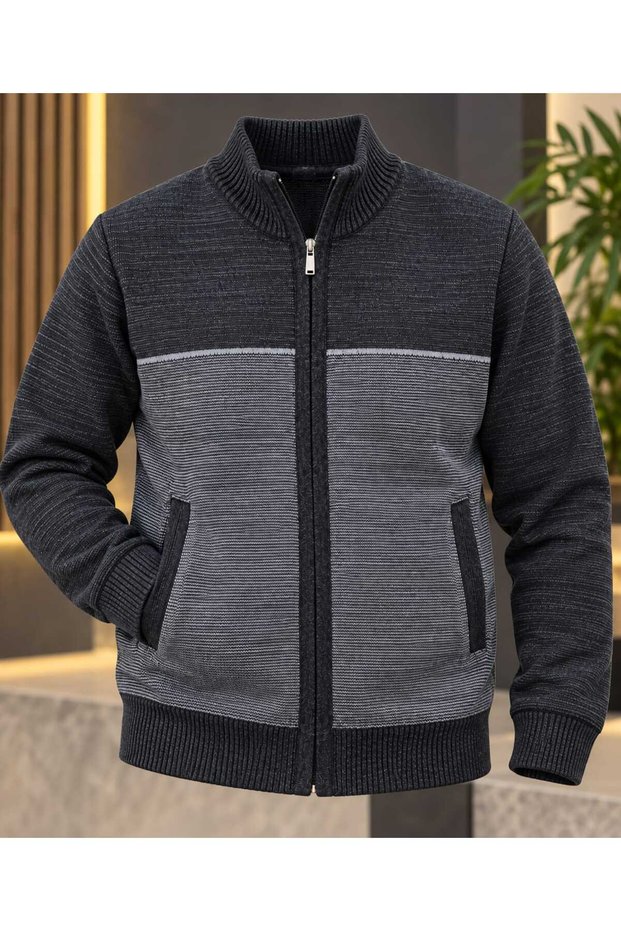 Men's Standing Collar Zippered Pocket Tricot Cardigan