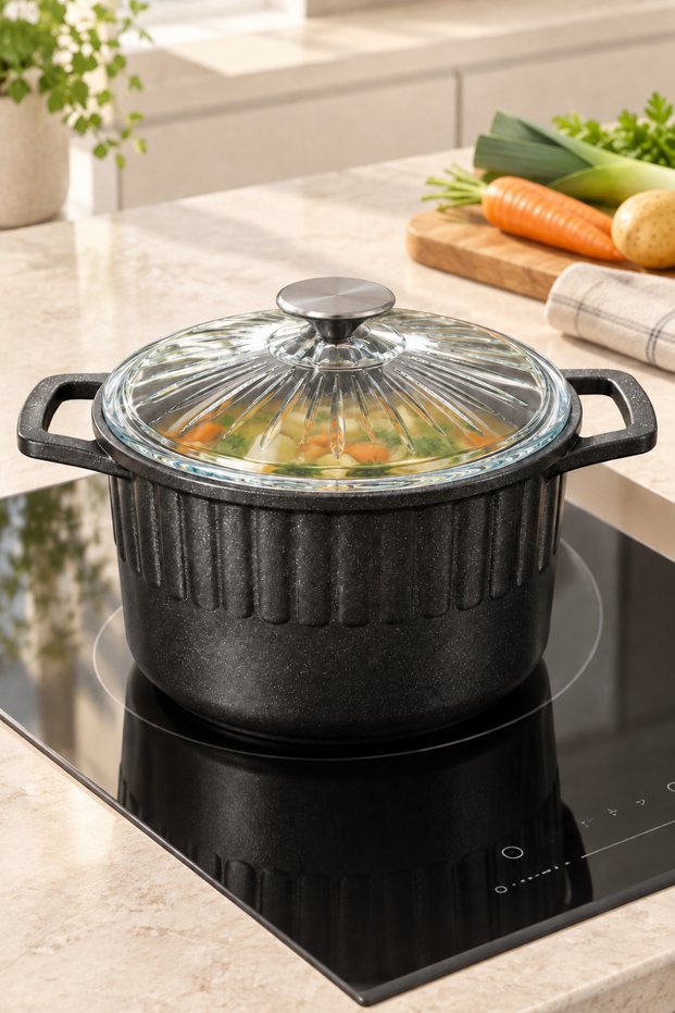 Crown 20 cm Deep Pot with Glass Lid and Thick Body for Cooking