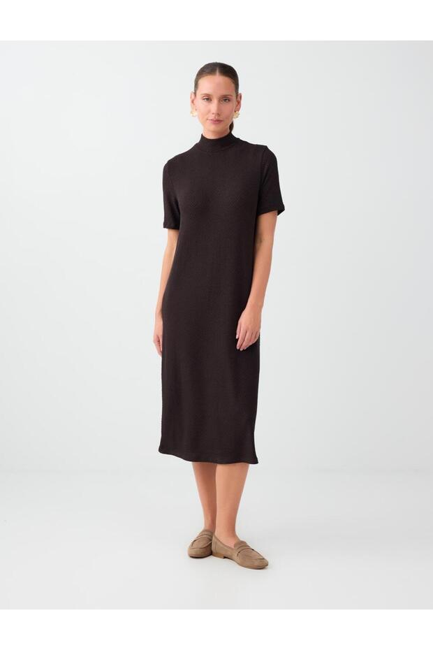 Acı Kahve High Neck Short Sleeve Midi Knitted Dress
