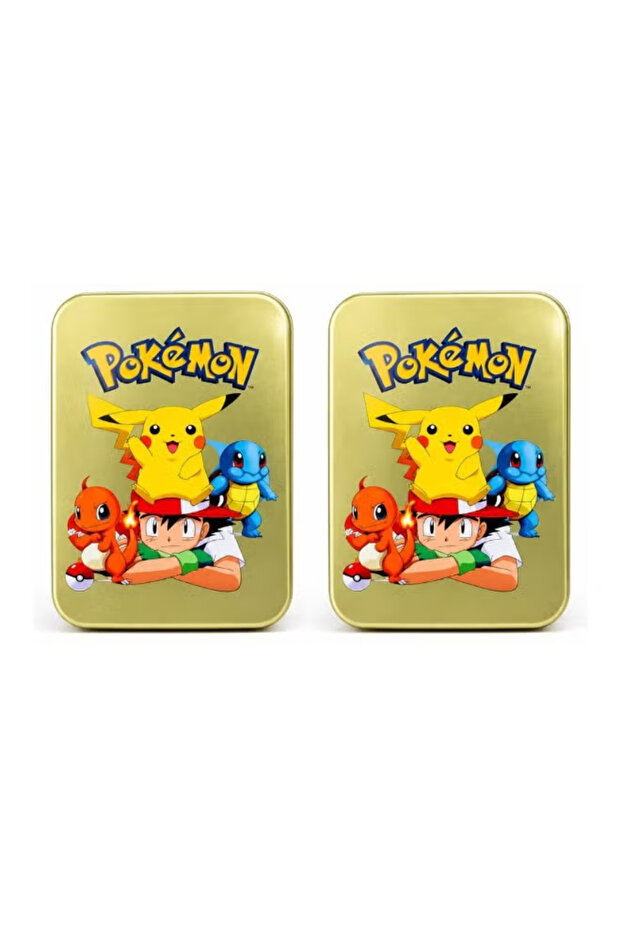 Pack of 2. Pokémon Pikachu Metal Storage Tin Box with Lid – Rectangular Golden Collectible Organizer for Cards, Toys, Candy & Small Accessories.