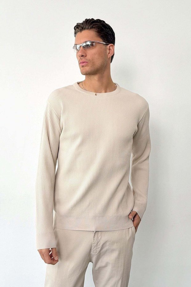 Men's Crew Neck Ribbed Knit Sweater Stone - 27012