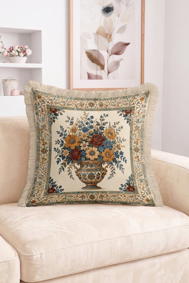 Vintage Floral Vase and Flower Border Fringed-Tasseled Throw Pillow Cover