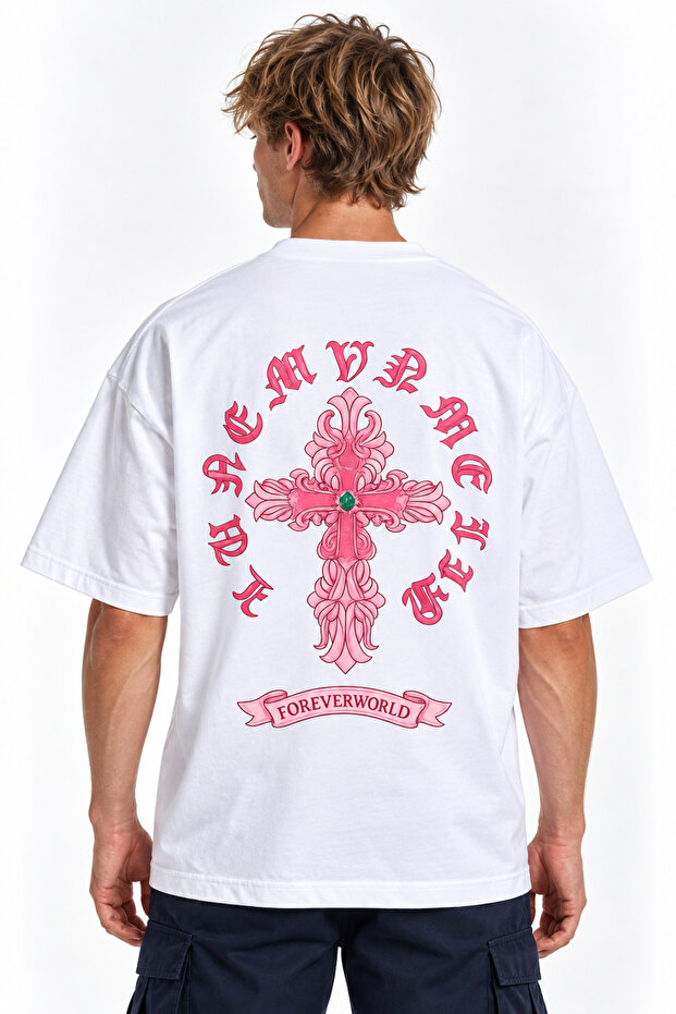 Unisex Women's Men's Forever World Pink Patterned Design Printed Oversized Thick Fabric Relaxed Fit T-Shirt