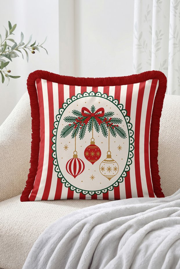 Christmas Pine Branch Bow and Ornament Ball Patterned Fringed-Tasseled Throw Pillow Cover