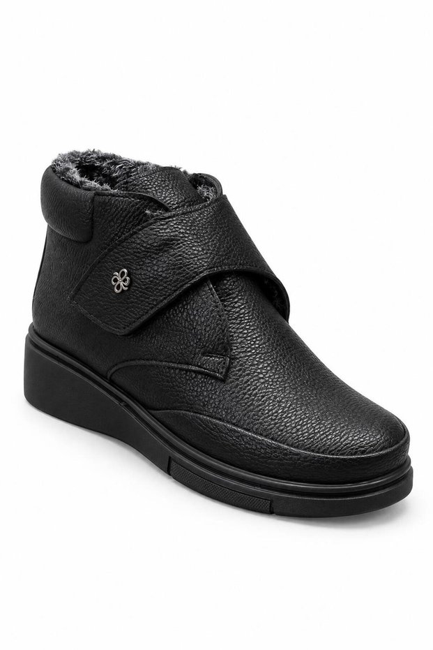 Daria Black Rustic Women's Comfortable Mother's Shoes Boots with Fur Inside and Velcro Straps