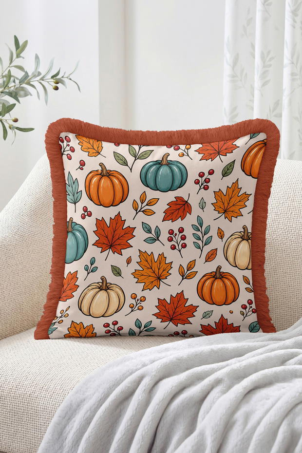 Decorative Fall Pumpkin and Maple Leaf Pattern Throw Pillow Cover with Fringe and Tassels