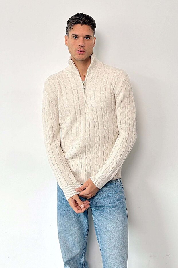 Men's Stand Collar Half Zipper Hair Knit Pattern Knitwear Sweater Stone - 26502