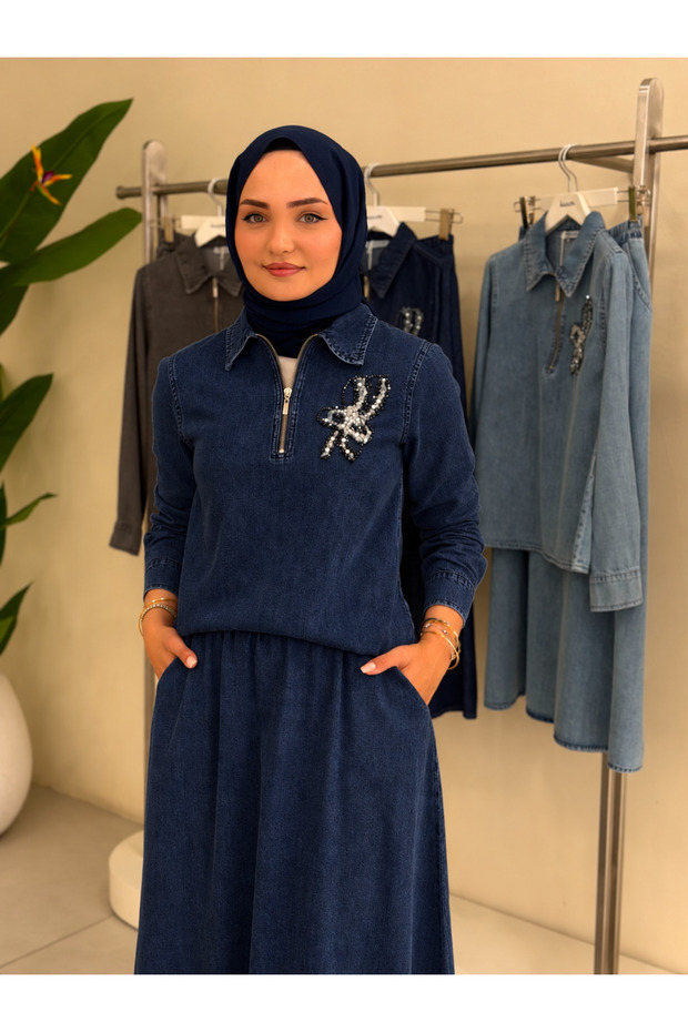 Dark Denim Stone Detailed Zippered Denim Skirt Suit 7555