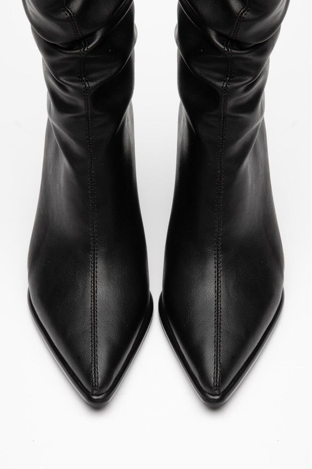 Luffora Women's Black Pointed Toe Thick Heeled Drawstring Stylish Boots