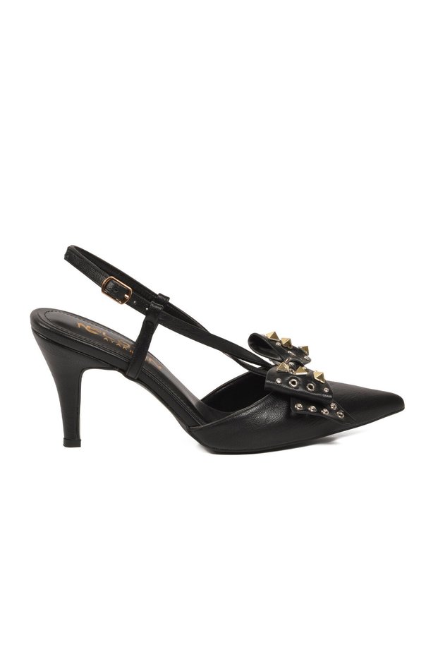 Black Thin Heeled Pointed Toe Bow Detailed Ankle Strap Women's Evening Dress Shoes 17220