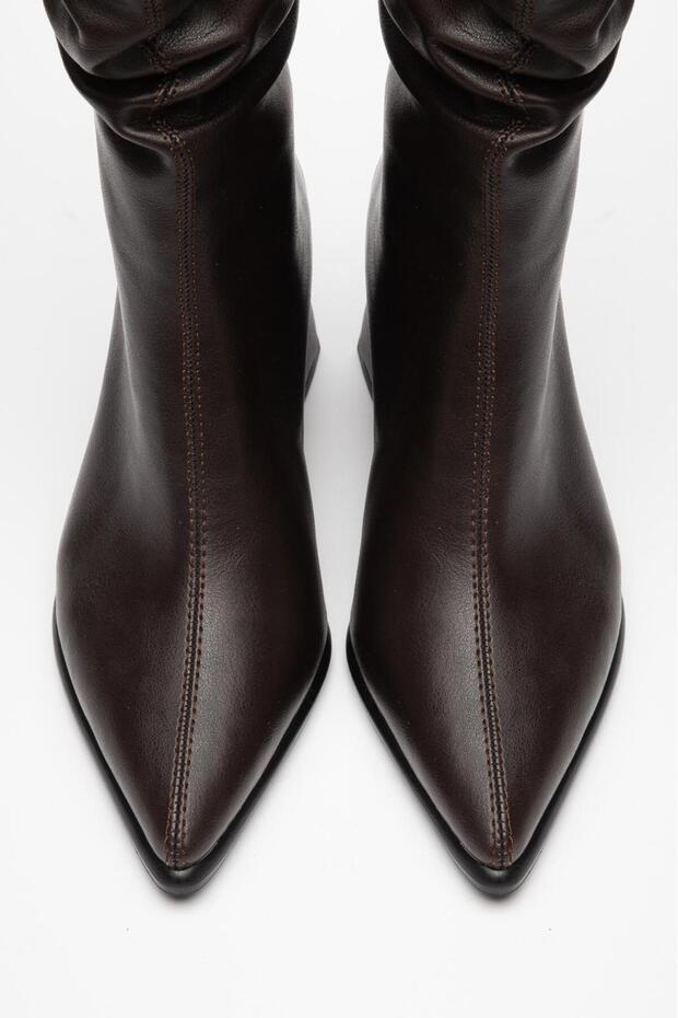 Luffora Women's Bitter Brown Pointed Toe Thick Heeled Drawstring Stylish Boots