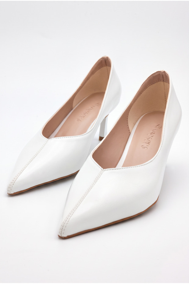 Women's Kitten Heel White Casual Heeled Shoes with Sewing Detail, Low Heel Wedding - Engagement Shoes