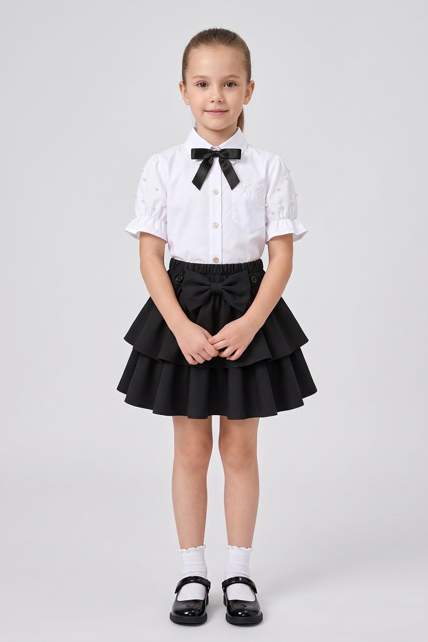 Girl's Black Ribbon Short Sleeve Pearl Detailed Ruffle Sleeve Pocketed Shirt Black Layered Skirt October 29 April 23 Show Outfits