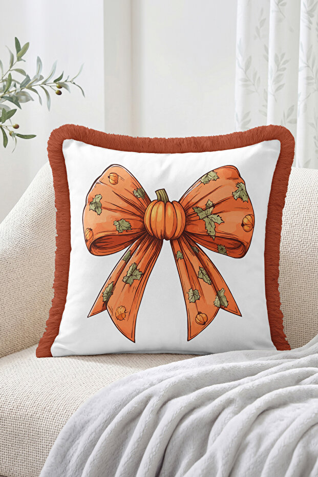 Pumpkin Bow Patterned Fringed-Tasseled Throw Pillow Cover
