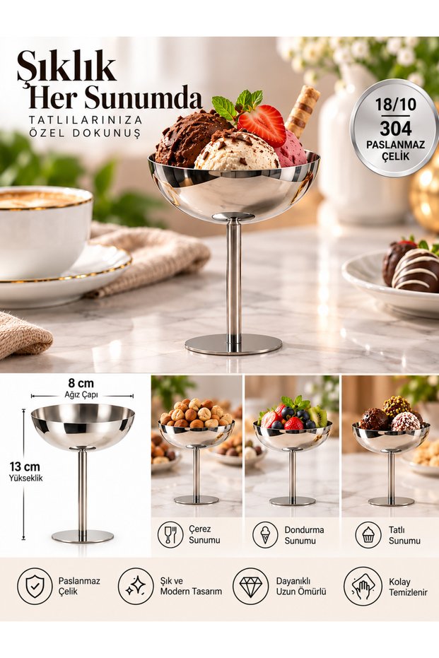 3 Pieces 8 cm 18/10 304 Stainless Steel Footed Serving Dishes – Metal Snack Bowl, Fruit Bowl and Ice Cream Bowl