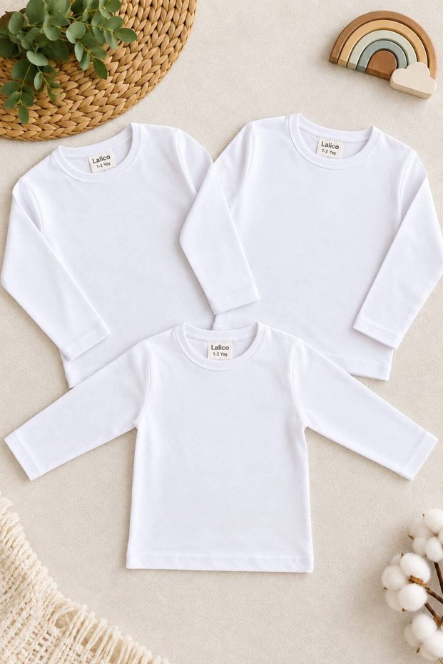 Girls' and Boys' 3-Piece Long Sleeve Crew Neck Badi T-Shirt White
