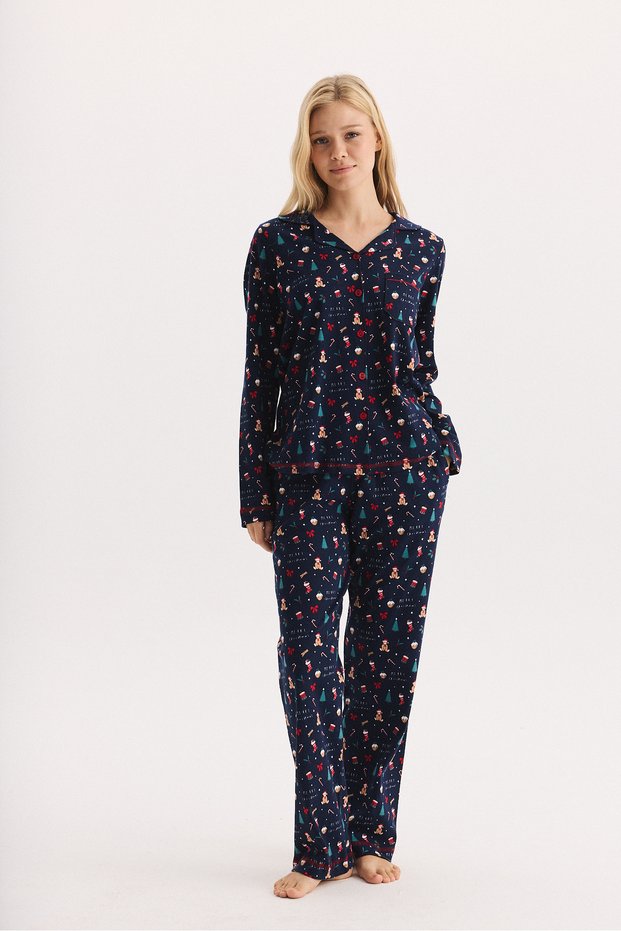 100% Cotton Fabric Long Sleeve Front Buttoned Shirt Collar Pajama Set 27305-27306