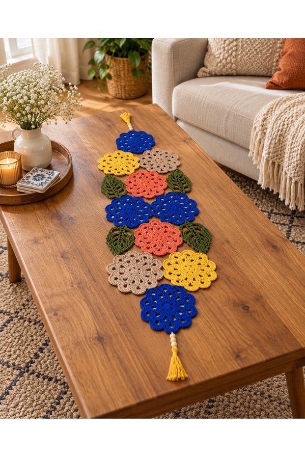 100% Cotton Colorful Motif Runner Table and Coffee Table Cover, Decorative Cotton Runner with Tassels 30X90 cm