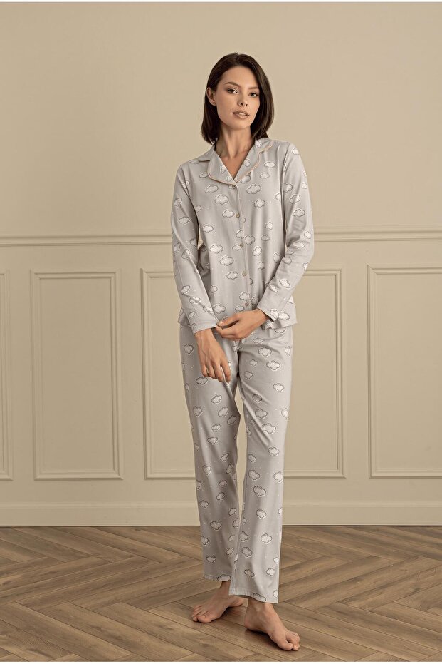 Women's Long Sleeve Front Buttoned Cloud Patterned Gray Pajama Set C8T5N281