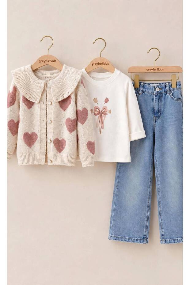 Girl's Heart Patterned Knitted Cardigan Blouse Jean Pants 3-Piece Set