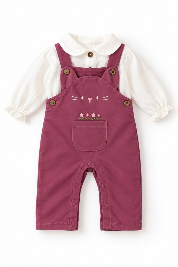 Baby Girl Floral Embroidered Salopet Jumpsuit and Shirt Set