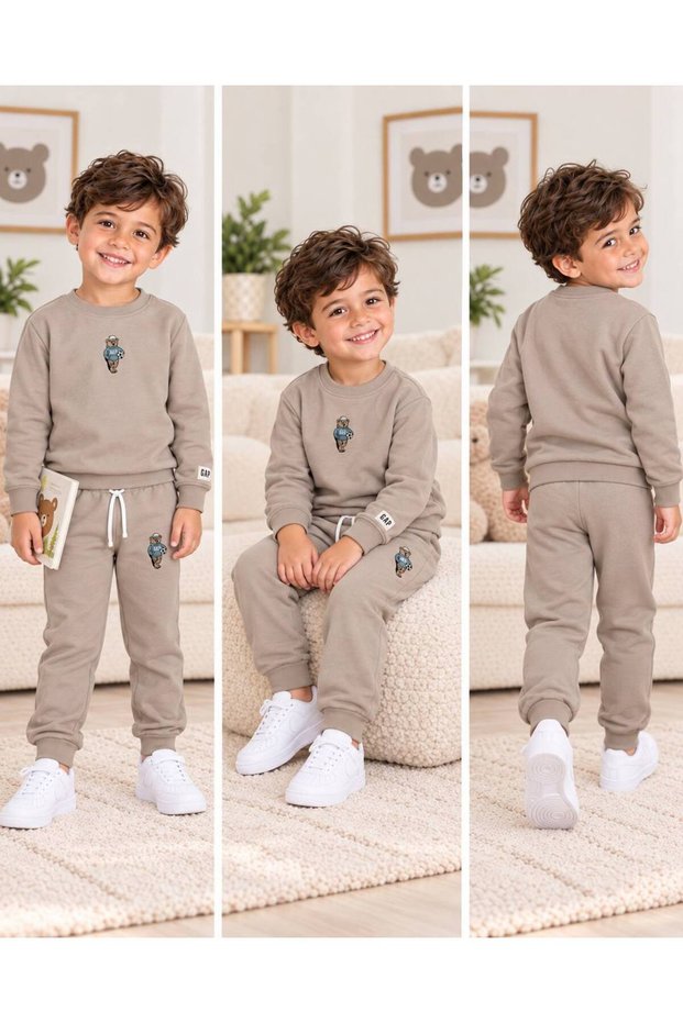 Boy's Teddy Bear Printed 2-Piece Tracksuit Set Sweatshirt Jogger Bottom Beige Casual Set