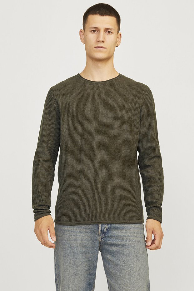 Crew Neck Regular Fit Khaki Men's Pullover 12258407_JJJECOOPER KNIT CREW NECK N