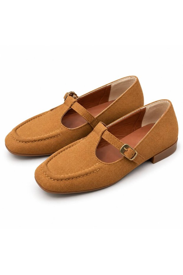 Women's Buckle-Strapped Ballerina Flats with Square Toe and Stitching Detail Casual Shoes