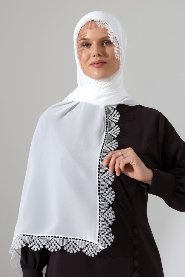 Needle Embroidered Lace Guipure Shawl Demor Mevlüt Prayer Coverlet with Başak Motif White (Snl)