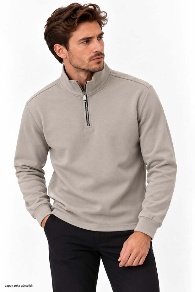 Men's Vertical Half-Zip Collar Pique Long Sleeve Sweatshirt 4019