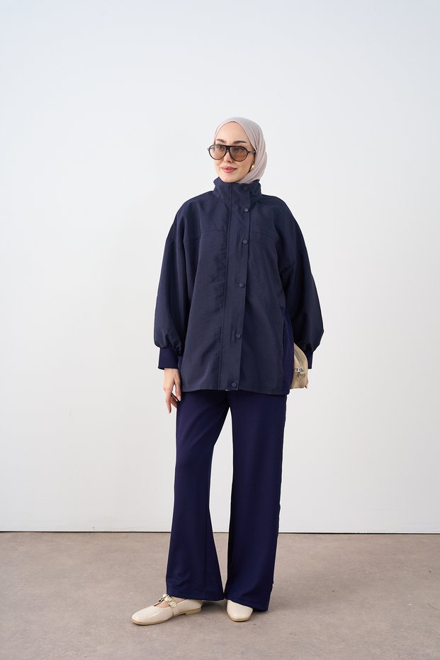 Women's Suit with Snap Fasteners and Zipper on the Front, Parachute Detail, Navy Blue