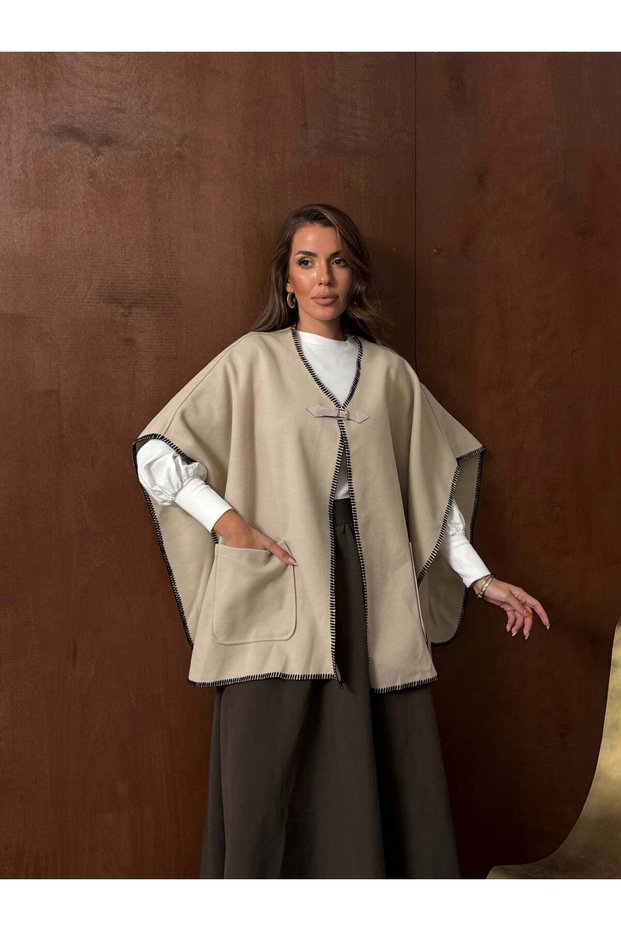 Contrast Stitched Buckle Detailed Poncho / Cape Beige- 0029